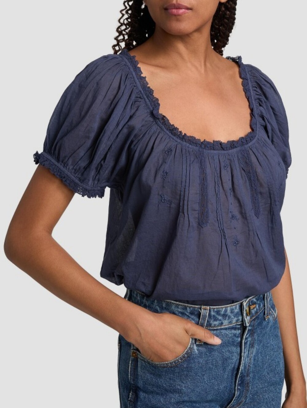 Doen Frederica top in navy blue, large 100% organic cotton lace